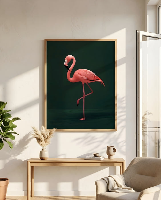 Modern Flamingo Tablo | Minimal Yeşil Arka Plan Pembe Flamingo Duvar Dekoru K187