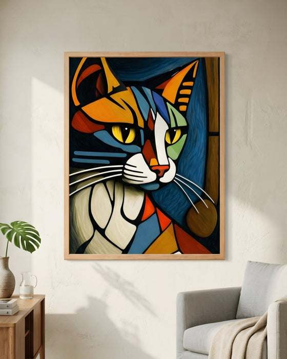 Modern Kedi Tablosu – Renkli Soyut Duvar Dekoru, Salon & Ofis İçin Şık Çerçeveli Tablo K167