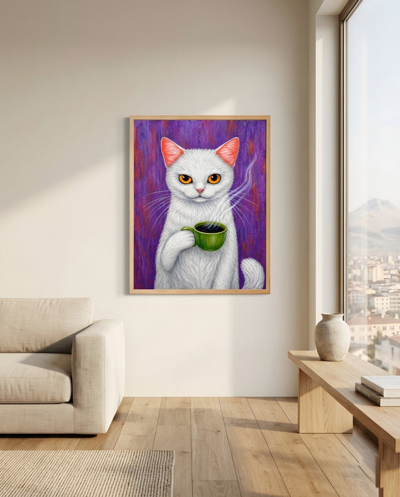 Kahve Sever Kedi Tablo | Eğlenceli Modern Duvar Dekoru K207