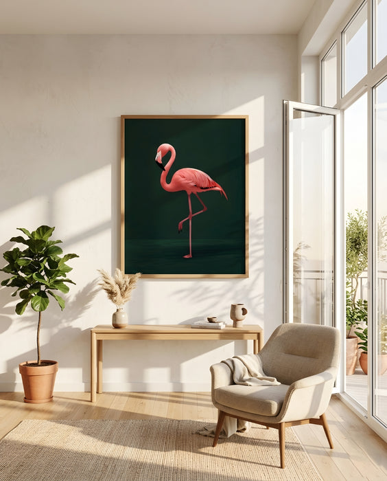 Modern Flamingo Tablo | Minimal Yeşil Arka Plan Pembe Flamingo Duvar Dekoru K187