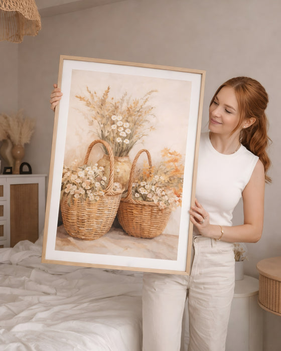 Hasır Sepet & Çiçek Temalı Dekoratif Tablo K140