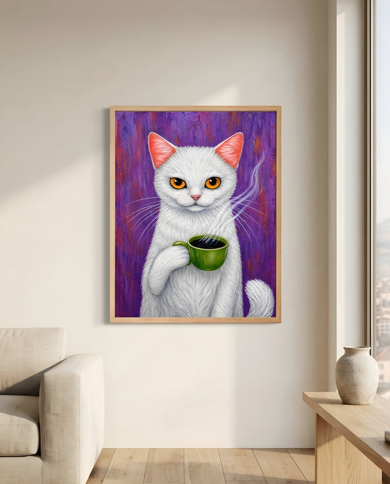 Kahve Sever Kedi Tablo | Eğlenceli Modern Duvar Dekoru K207